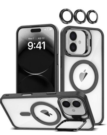 Thin Magnetic Clear Case with Camera Stand & Camera Cover - BLACK for iPhone 17 (Only Ground Shipping)