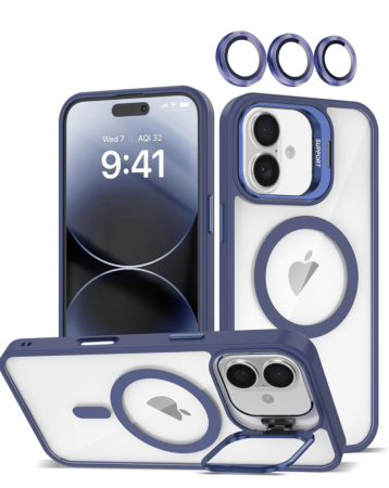 Thin Magnetic Clear Case with Camera Stand & Camera Cover - DARK BLUE for iPhone 17 (Only Ground Shipping)