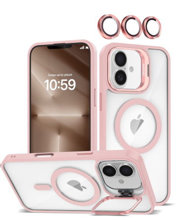 Thin Magnetic Clear Case with Camera Stand & Camera Cover - PINK for iPhone 17 (Only Ground Shipping)