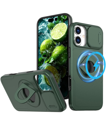 Ring Stand Case & Camera Lens Sliding Cover - DARK GREEN for iPhone 17 (Only Ground Shipping)