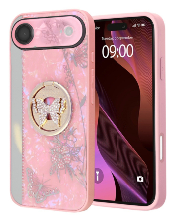 Luxury Diamond Shiny Cases with Butterfly Ring - PINK for iPhone 17 Pro (Only Ground Shipping)