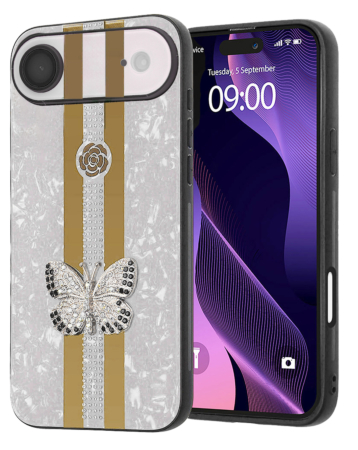 Luxury Diamond Shiny Cases with Butterfly Design - WHITE for iPhone 17 Pro (Only Ground Shipping)