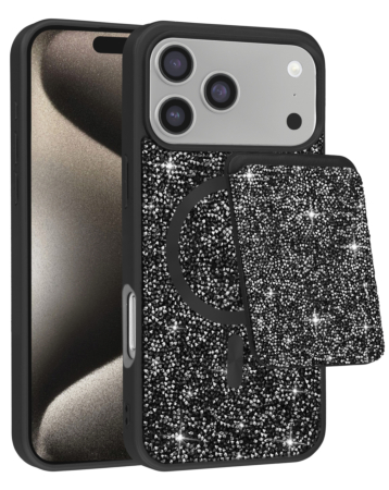 Magnetic Diamond Dual Layer Protection Case with Magnetic Card Slot- BLACK for iPhone 17 Pro (Only Ground Shipping)