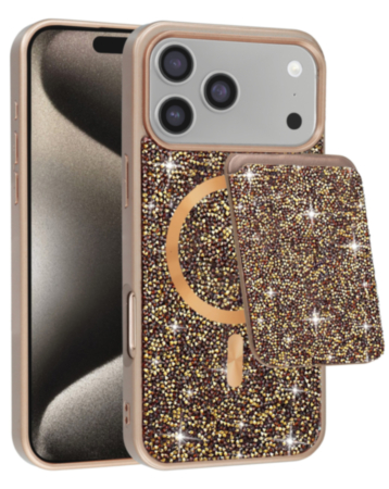 Magnetic Diamond Dual Layer Protection Case with Magnetic Card Slot- GOLD for iPhone 17 Pro (Only Ground Shipping)