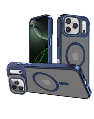 Slim Transparent Camera Stand Case with Wireless Charging - NAVY BLUE for iPhone 17 Pro (Only Ground Shipping)