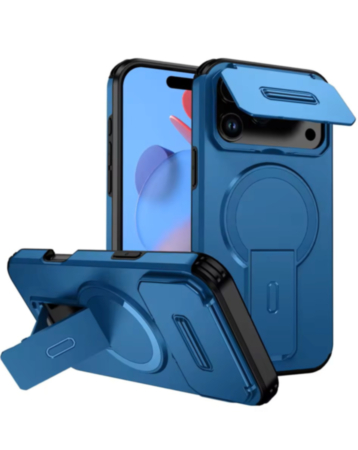 Magnetic Push Slide Lens Case with Kickstand (BLUE) for iPhone 17 Pro (Only Ground Shipping)