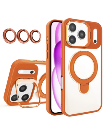 Magnetic Clear Case with 2 Kickstand & Camera Lens - ORANGE for iPhone 17 Pro (Only Ground Shipping)