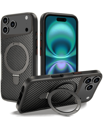 Carbon Fiber Magnetic Kickstand Case - BLACK for iPhone 17 Pro (Only Ground Shipping)