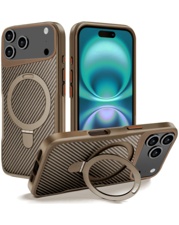 Carbon Fiber Magnetic Kickstand Case - GOLD for iPhone 17 Pro (Only Ground Shipping)