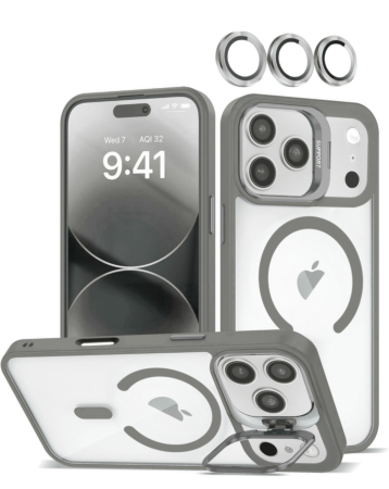 Thin Magnetic Clear Case with Camera Stand & Camera Cover - GRAY for iPhone 17 Pro (Only Ground Shipping)