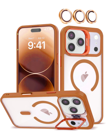 Thin Magnetic Clear Case with Camera Stand & Camera Cover - ORANGE for iPhone 17 Pro (Only Ground Shipping)