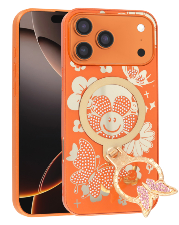 Luxury Diamond Shiny Cases with Butterfly Ring Design - ORANGE for iPhone 17 Pro Max (Only Ground Shipping)