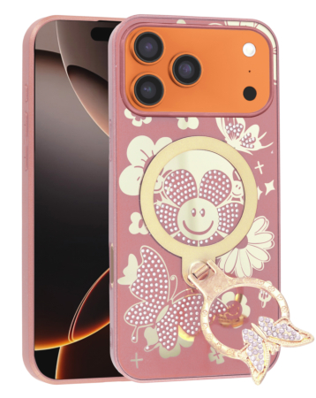 Luxury Diamond Shiny Cases with Butterfly Ring Design - ROSE GOLD for iPhone 17 Pro Max (Only Ground Shipping)