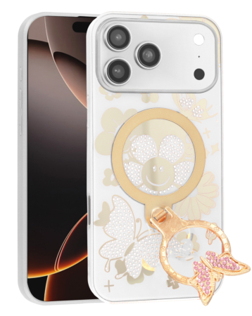 Luxury Diamond Shiny Cases with Butterfly Ring Design - WHITE for iPhone 17 Pro Max (Only Ground Shipping)