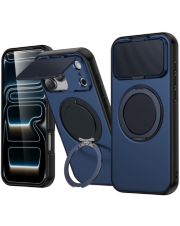 Flip Lens Cover Case with MagSafe Ring Kickstand (NAVY BLUE) for iPhone 17 Pro Max (Only Ground Shipping)