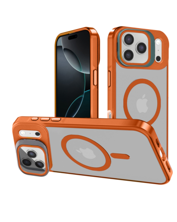 Slim Transparent Camera Stand Case with Wireless Charging - ORANGE for iPhone 17 Pro Max (Only Ground Shipping)