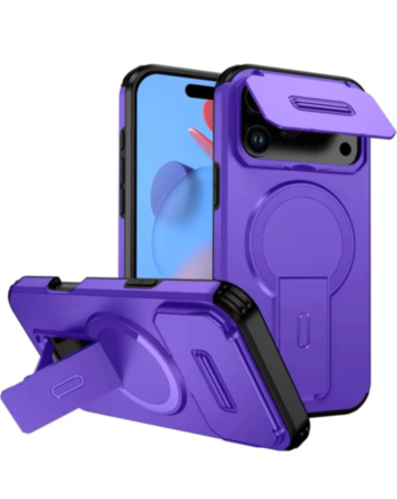 Magnetic Push Slide Lens Case with Kickstand- PURPLE for iPhone 17 Pro Max (Only Ground Shipping)