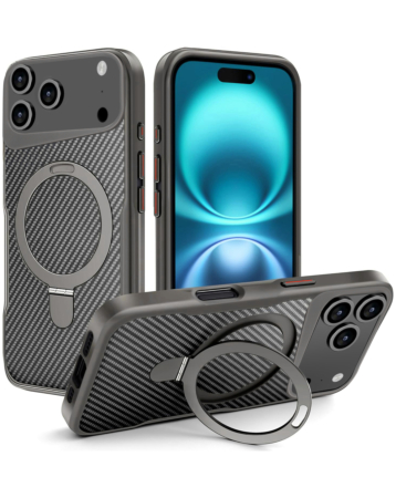 Carbon Fiber Magnetic Kickstand Case - GRAY for iPhone 17 Pro Max (Only Ground Shipping)