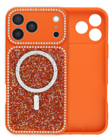 MagSafe Glitter Diamond Shimmer Case with Rhinestone Camera Lens (ORANGE) for iPhone 17 Pro Max (Only Ground Shipping)