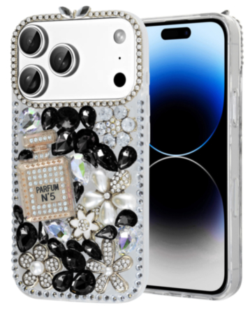 Crystal Flower Perfume Silicone Hard Case - BLACK for iPhone 17 Pro Max (Only Ground Shipping)
