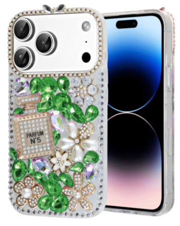 Crystal Flower Perfume Silicone Hard Case - GREEN for iPhone 17 Pro Max (Only Ground Shipping)