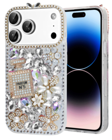 Crystal Flower Perfume Silicone Hard Case - SILVER for iPhone 17 Pro Max (Only Ground Shipping)