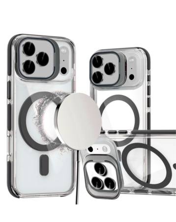 Thin Magnetic Clear Case with Camera Stand Kickstand - BLACK for iPhone 17 Pro Max (Only Ground Shipping)