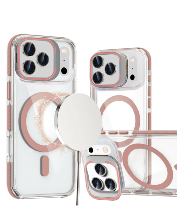 Thin Magnetic Clear Case with Camera Stand Kickstand - PINK for iPhone 17 Pro Max (Only Ground Shipping)