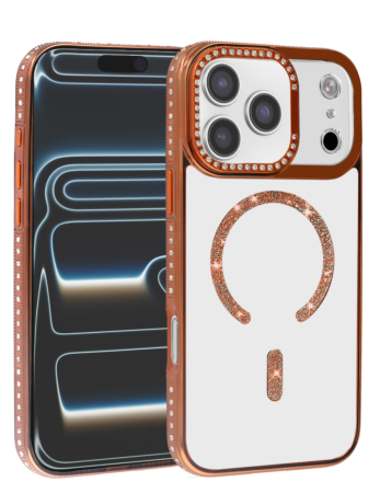 Magnetic Clear Glitter Case with Rhinestone Frame for iPhone 17 Pro Max (ORANGE) (Only Ground Shipping)