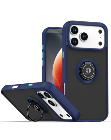 Hard PC Rear / Soft TPU Colorful Border Case with I-ring Holder - NAVY BLUE for iPhone 17 Pro Max (Only Ground Shipping)