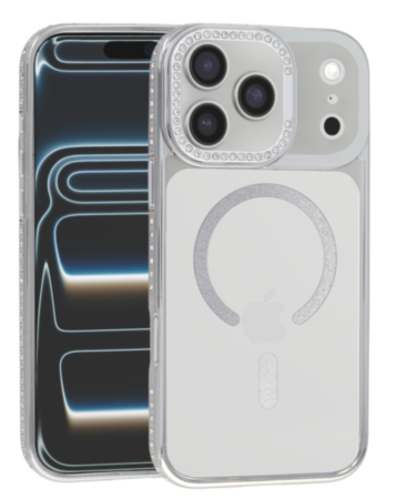 Magnetic Clear Glitter Case with Rhinestone Frame for iPhone 17 Pro Max (SILVER) (Only Ground Shipping)