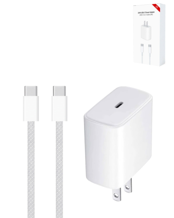 USB-C Power Adapter with USB C-C Cable for iPhone / iPads / AirPods Series (9 ft) (20W) (Only Ground Shipping)