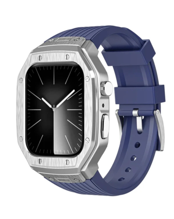 Sports Rugged Band with Metal Cover for iWatch (44mm / 45mm) - BLUE & SILVER(Only Ground Shipping)