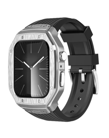 Sports Rugged Band with Metal Cover for iWatch (44mm / 45mm) - BLACK & SILVER (Only Ground Shipping)