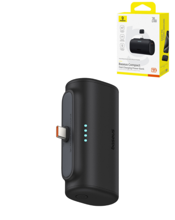BASEUS Compact Fast Charging Power Bank USB-C with USB-C Charging Cable (20W) (CLUSTER BLACK) (5000 mAh) (Only Ground Shipping)