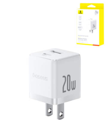 BASEUS USB A+C Palm Dual Fast Mini Charger (20W) (MOON WHITE)