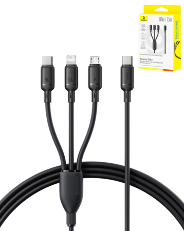 BASEUS Silky One-for-Three Fast Charging Cable USB-C to M+L+C (5ft) (100W) (COSMIC BLACK) (Only Ground Shipping)