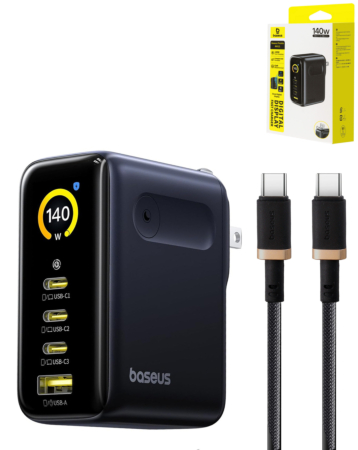 BASEUS PicoGo AH11 Digital Display Fast Charger 3C+U (140W) with 240w C-C Charging Cable (COSMIC BLACK) (Only Ground Shipping)