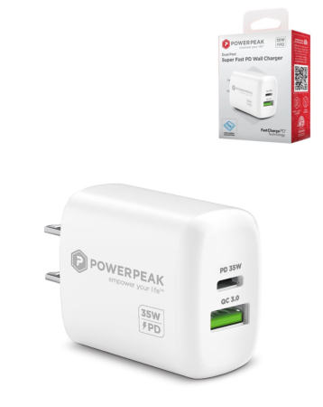 PowerPeak PD Wall Dual A+C Port Charger - (WHITE) (35W) (Only Ground Shipping)