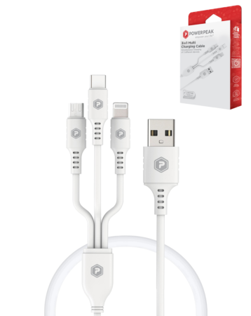 PowerPeak ECONOMY 3in1 USB C+A+M Cable (WHITE) (3ft) (18W) (Only Ground Shipping)