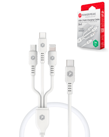 PowerPeak ECONOMY 3in1 USB-C to C+A+M Cable (WHITE) (3ft) (18W) (Only Ground Shipping)