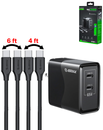 Esoulk EK2005 Dual USB C Wall Charging Plug w/ 4ft & 6ft USB C Cable  (BLACK) (65W) (Only Ground Shipping)