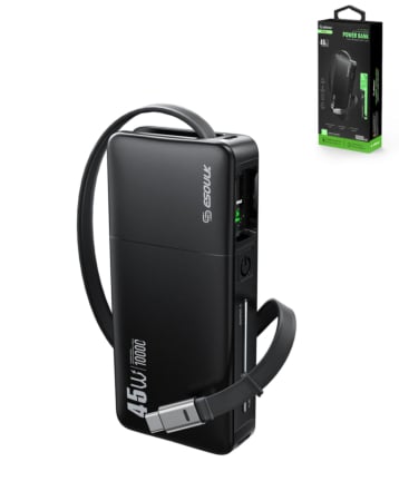 Esoulk Built-in Retractable Cable Power Bank (BLACK) (10000 mAh / 45W) (Only Ground Shipping)