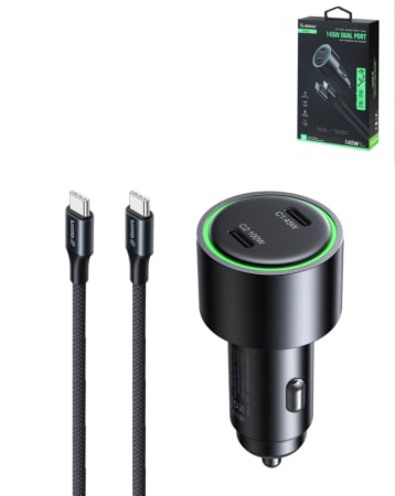Super Fast Car Charger (145W) with USB-C Braided Cable (6ft) (100W) (BLACK) (Only Ground Shipping)