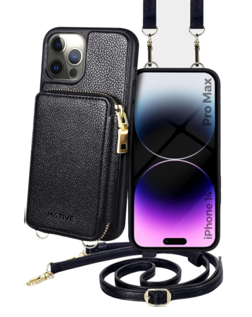 Motive Base Crossbody Zipper Purse Case - BLACK for iPhone 14 Pro Max (Only Ground Shipping)