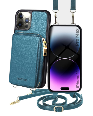 Motive Base Crossbody Zipper Purse Case - TEAL for iPhone 14 Pro Max (Only Ground Shipping)