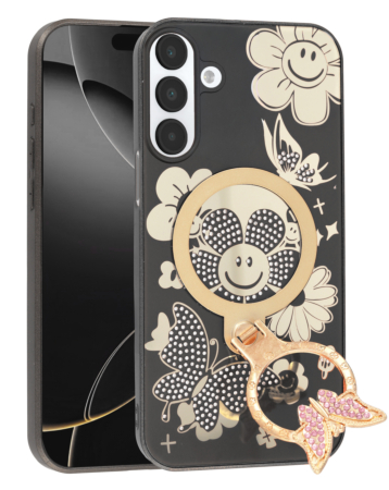 Luxury Diamond Shiny Cases with Butterfly Ring Design - BLACK for Galaxy A16 5G (Only Ground Shipping)