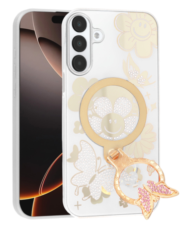 Luxury Diamond Shiny Cases with Butterfly Ring Design - WHITE for Galaxy A16 5G (Only Ground Shipping)