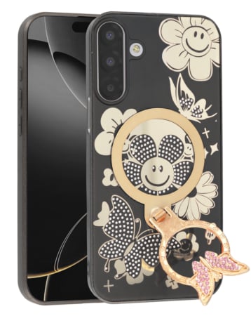 Luxury Diamond Shiny Cases with Butterfly Ring Design - BLACK for Galaxy A17 (Only Ground Shipping)
