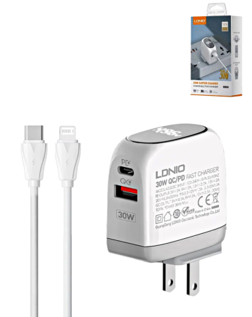 LDNIO A2522C QC3.0+PD Dual USB A Wall Charger with USB C-L Non-MFI Cable (3ft) (30W) (Only Ground Shipping)